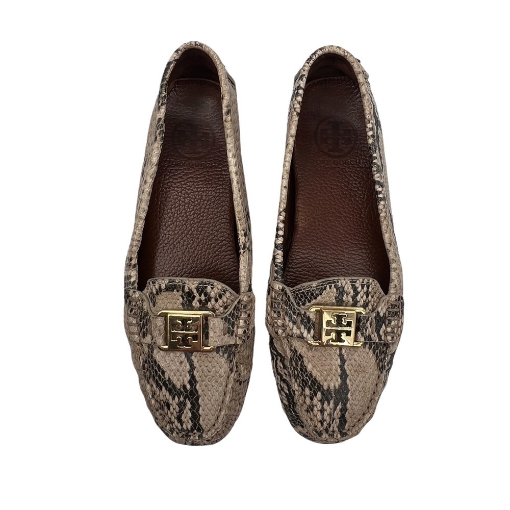 Tory Burch Tan Black Kendrick Driver Python Mocca… - image 5